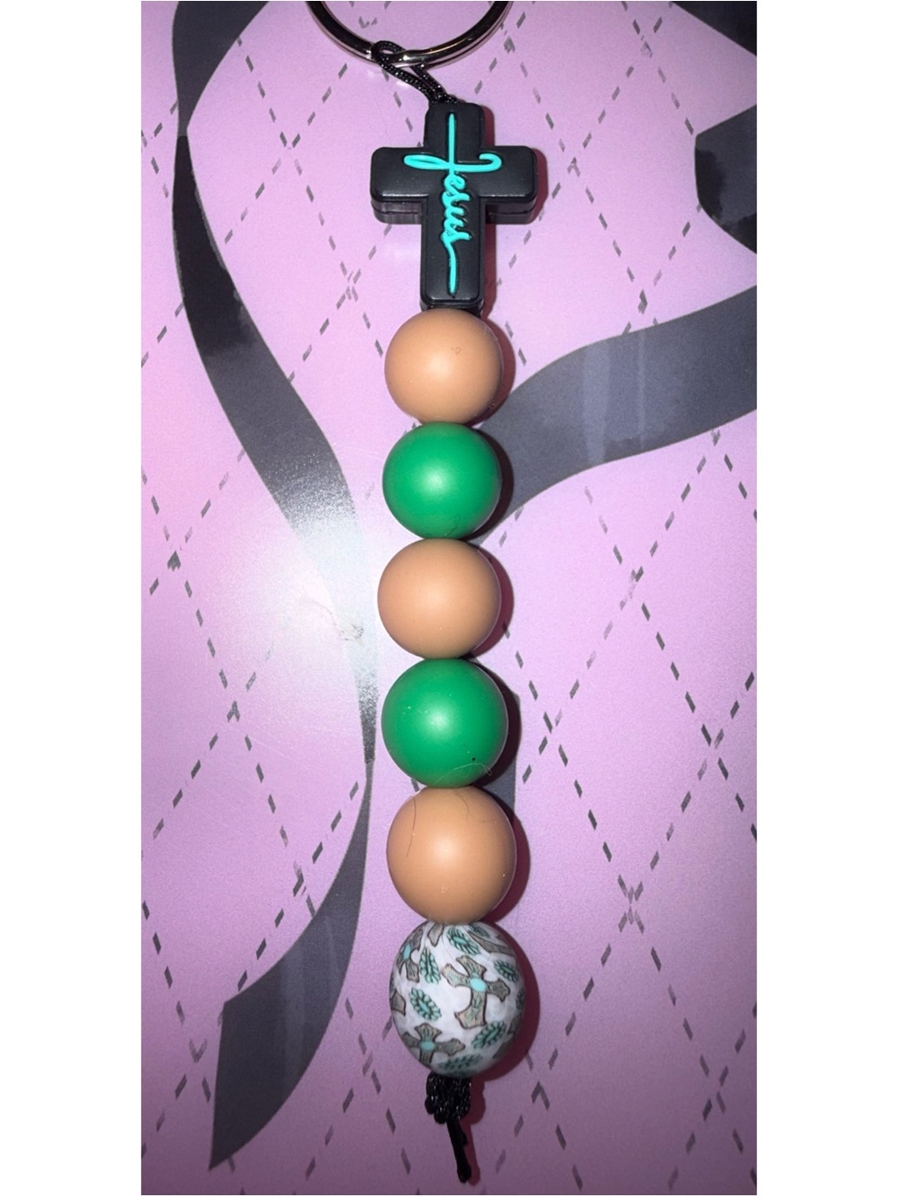 Beaded Cross Keychain - Green & Tan